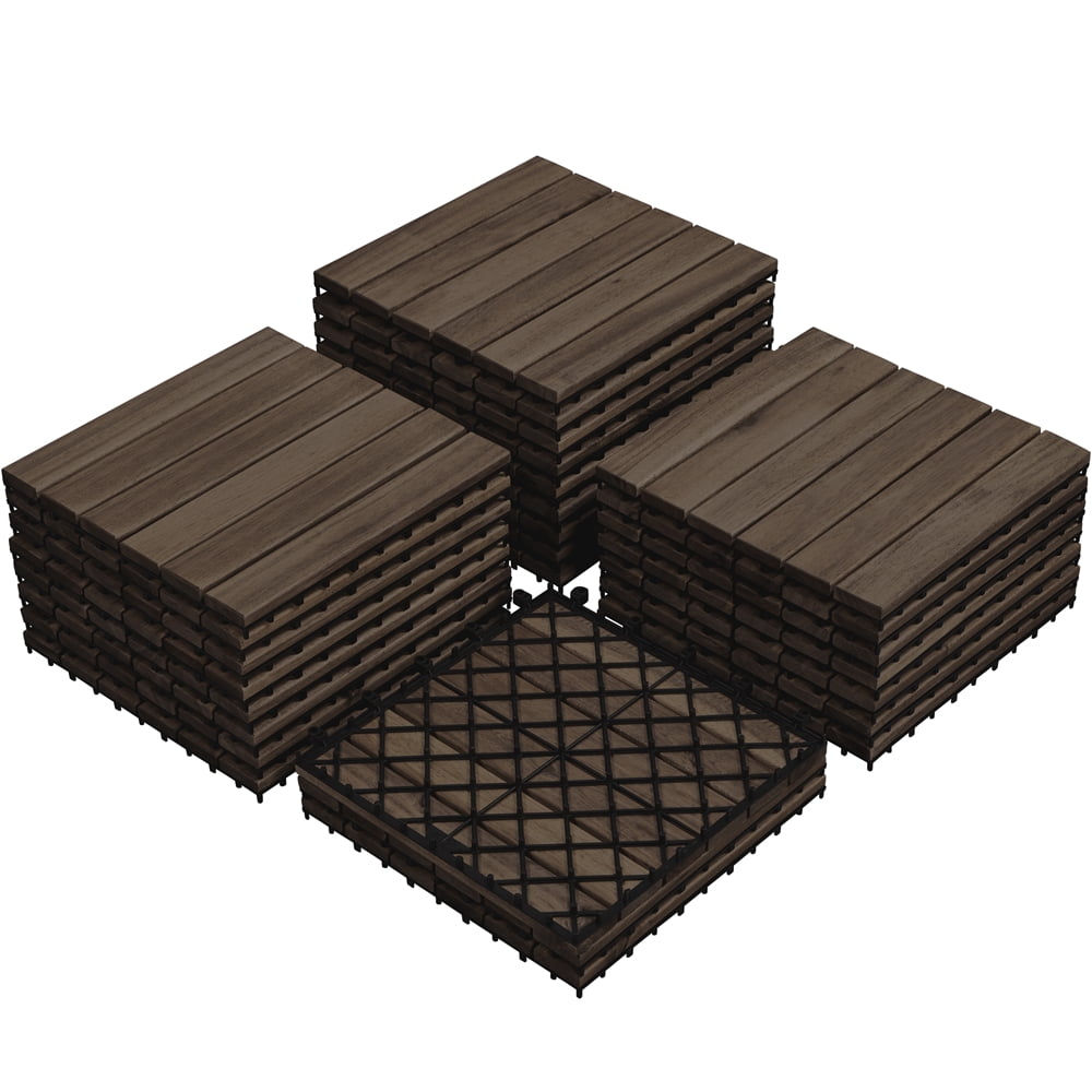 Renwick 12 × 12 in Pack of 27 Acacia Wood Interlocking Flooring Tiles for Outdoor & Indoor, Black