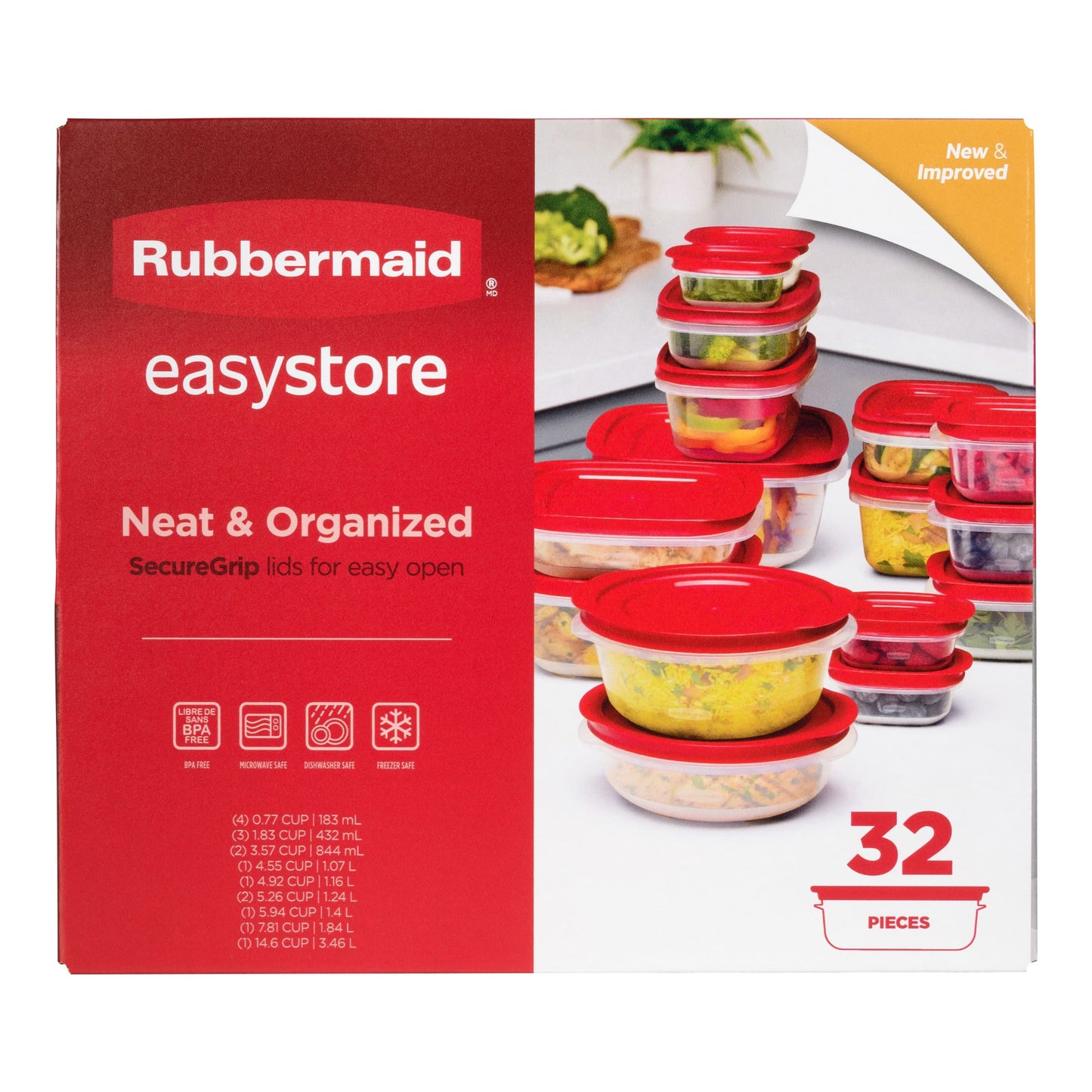 Rubbermaid EasyStore Recipientes Rectangulares, Cuadrados y Redondos, Juego de 32 Piezas, Contenedores para Almacenamiento de Alimentos, Contenedores para Almacenamiento de Alimentos con Tapas, Hecho para Comidas Familiares y Servicio Fácil