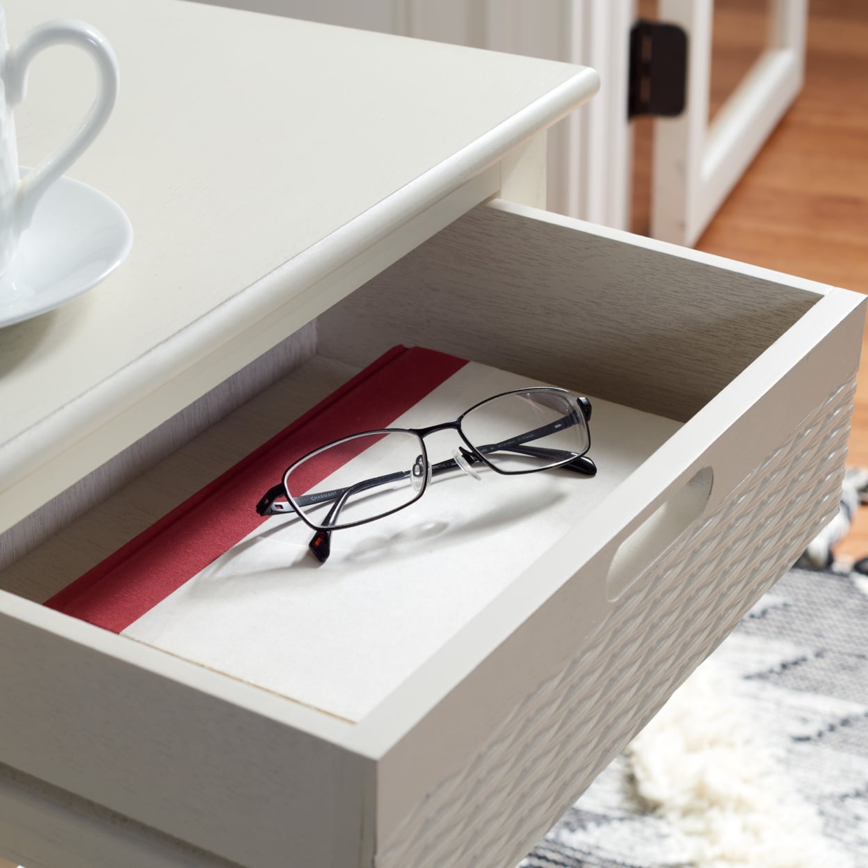 SAFAVIEH Landers Mesa Decorativa con 1 Cajón y Glam Macizo, Blanco Desgastado