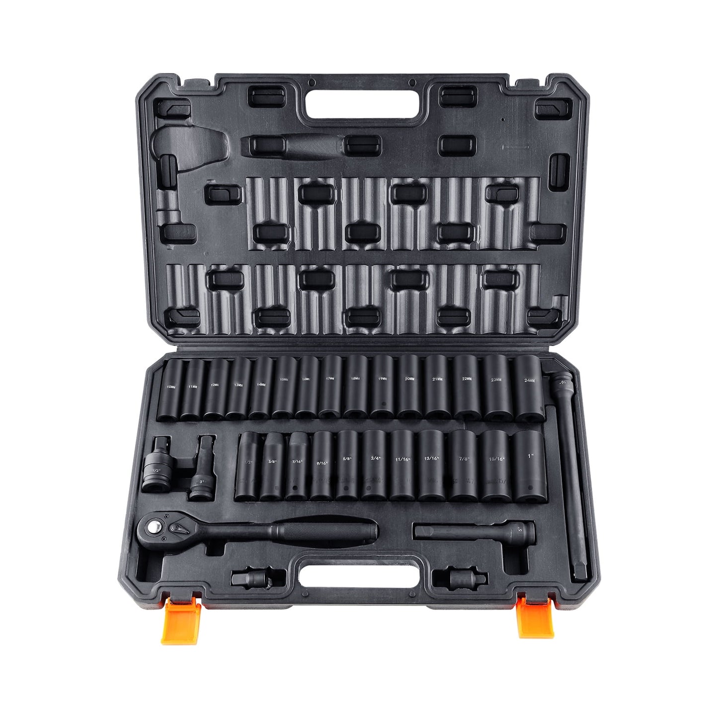 SKYSHALO Impact Sockets Set 33pcs 6-Point 1/2in Drive Bit Ratchet Tool Kit Case