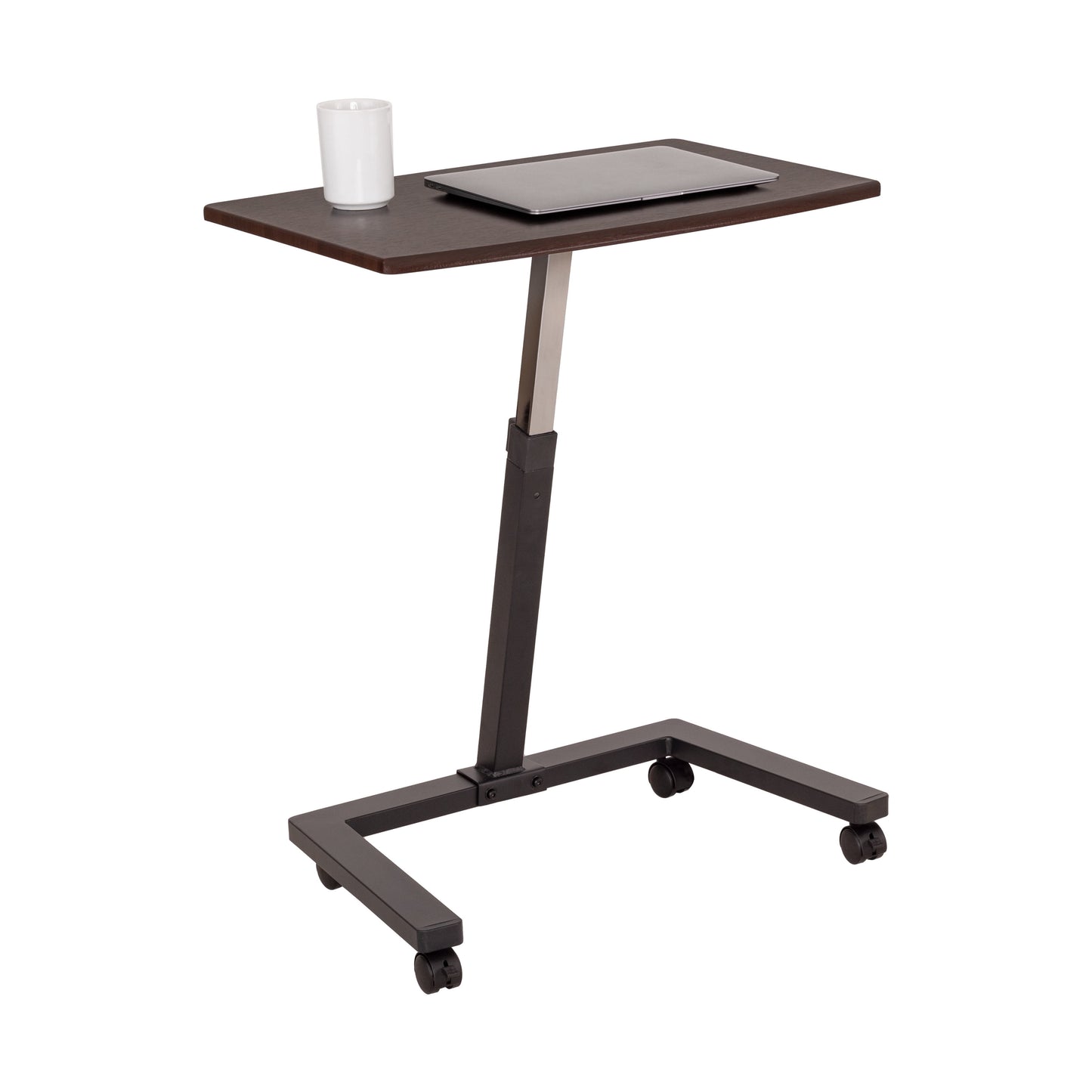 Seville Classics airLIFT® Premium Height Adjustable Button Mobile Rolling Laptop Cart Desk w/ Wheels, Walnut, Flat (24")