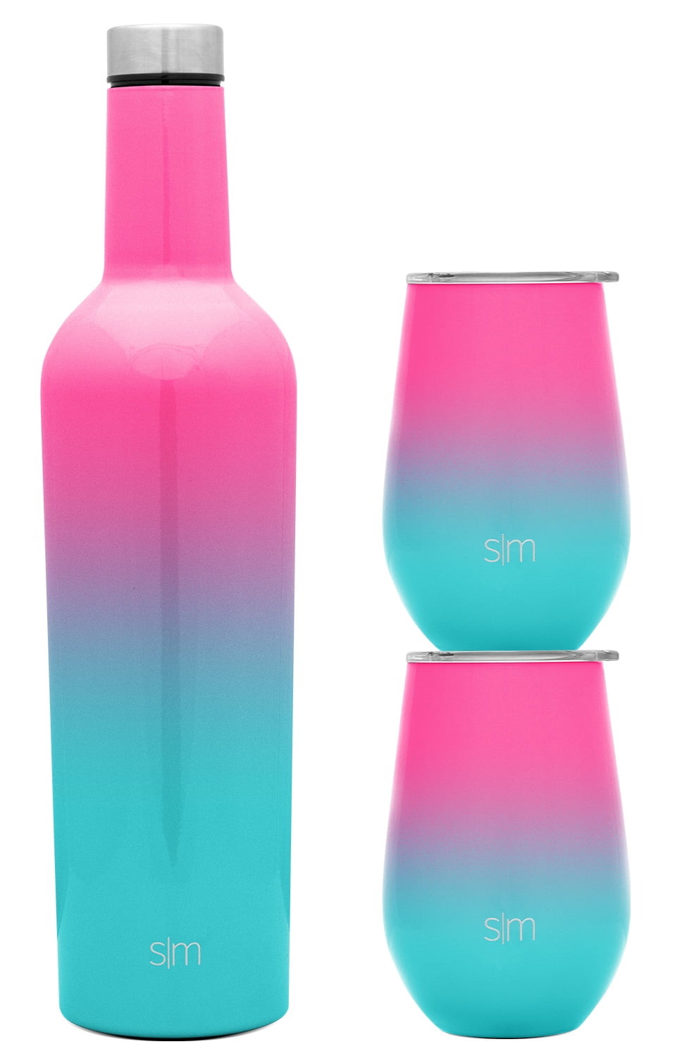 Simple Modern Spirit Wine Bundle - 2 Vasos de Vino de 12oz. con Tapas y 1 Botella de Vino - Aislado Al VacÃo 18/8 Acero Inoxidable Ombre: Sorbete