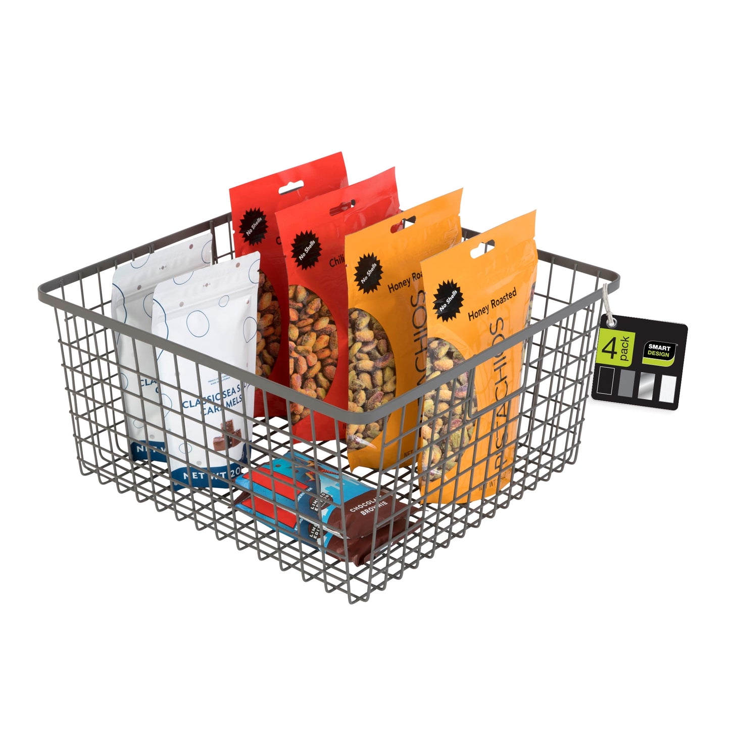 Smart Design Nestable Basket Organizer with Handles - 12 x 12 x 6 inches- Gunmetal - Set of 4