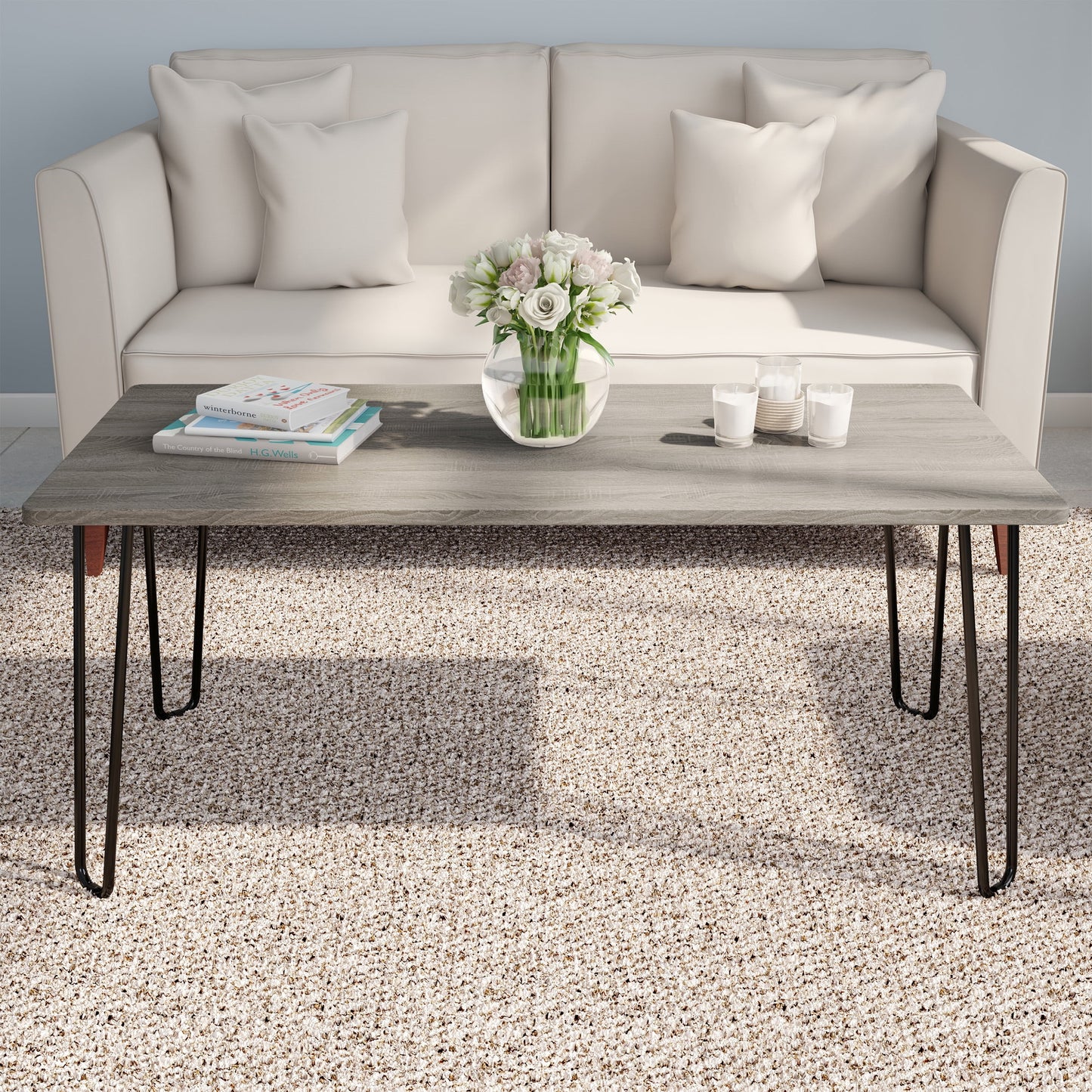 Lavish Home Coffee Table with Hairpin Legs, Modern Industrial Style Home Décor, Woodgrain-Look and Steel Accent Living Room Furniture, Gray