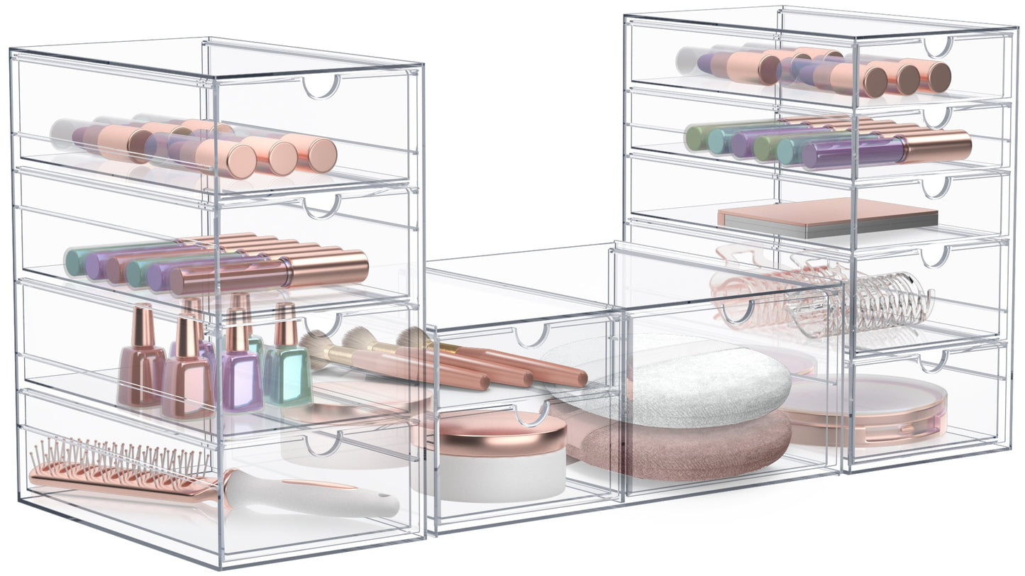 Sorbus Organizador de Maquillaje de AcrÃlico de 3 Piezas, Contenedores de Almacenamiento Apilables de 12 Cajones, Transparente