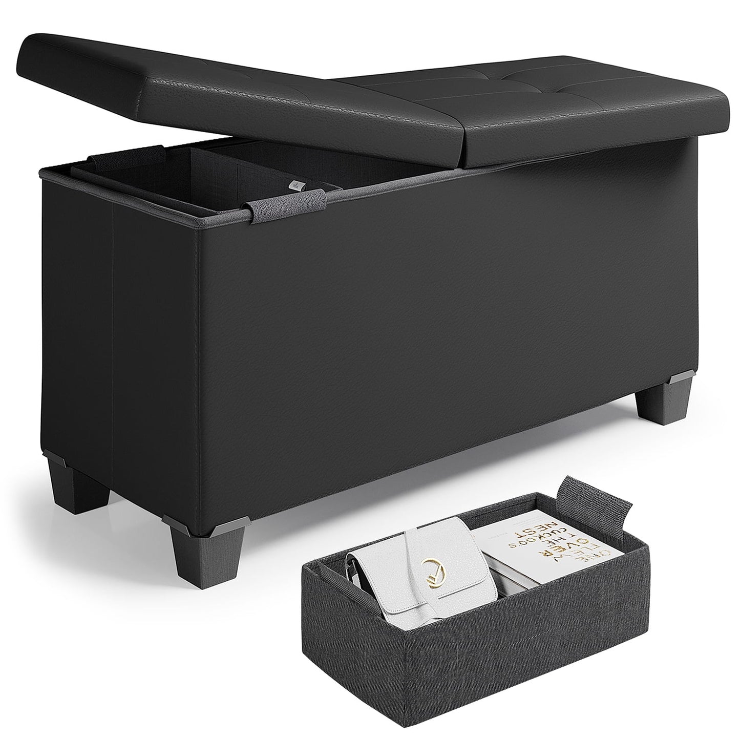 Storagebud Ottoman Storage Bench, Faux Leather 30" Storage Ottoman Bench, Black