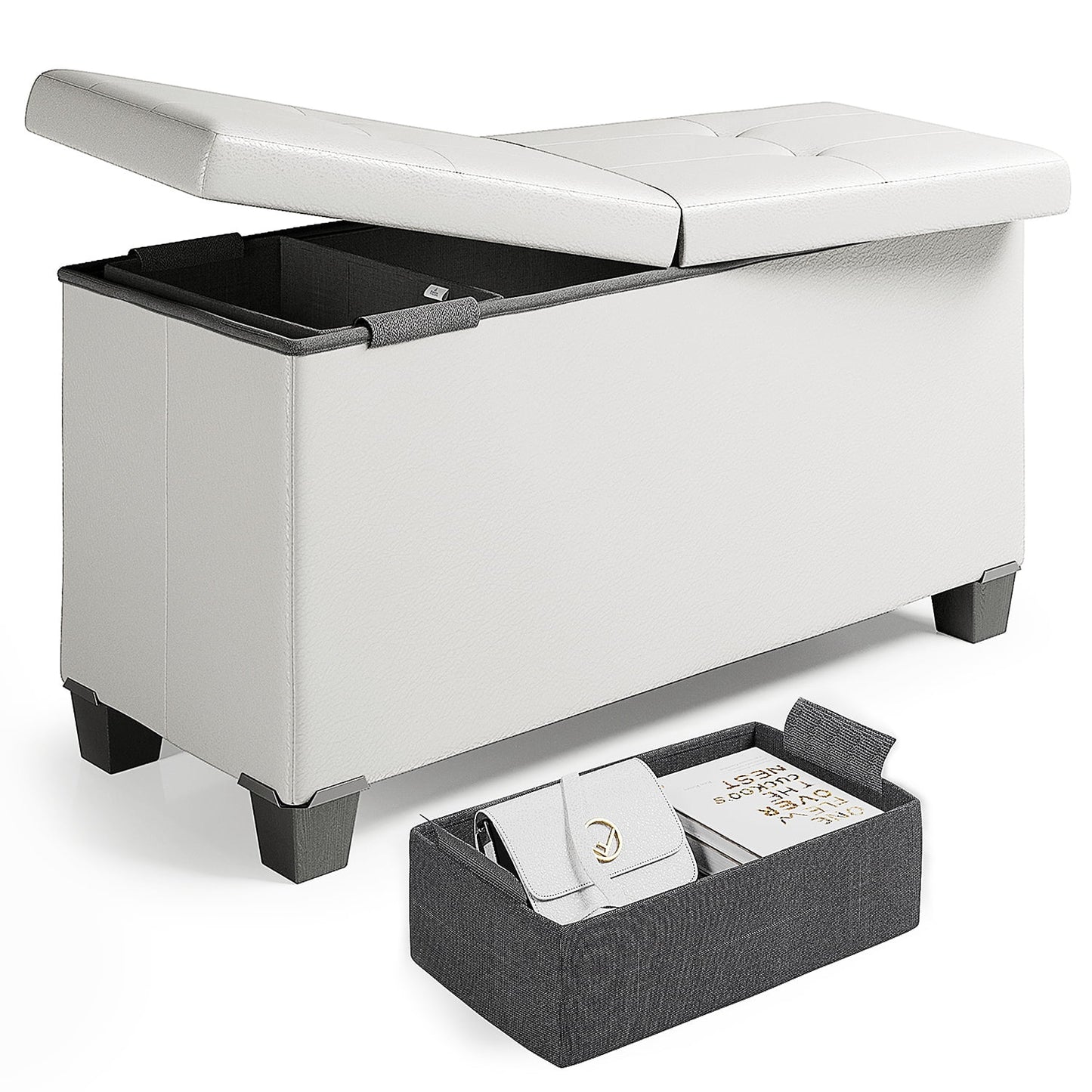 Storagebud Ottoman Storage Bench, Faux Leather 30" Storage Ottoman Bench, White