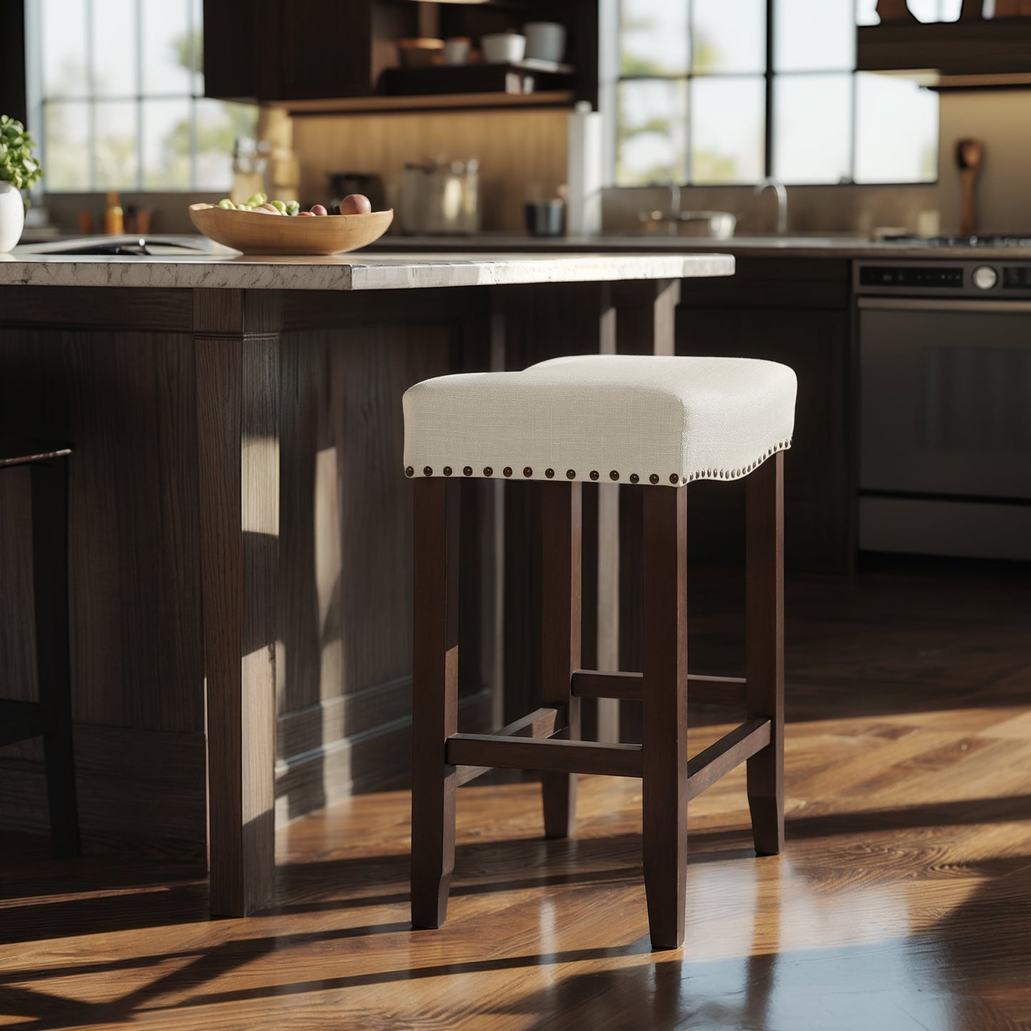 Subrtex 29" Backless Saddle Bar Stool, Wood Upholstered Counter Stool for Kitchen, Ivory