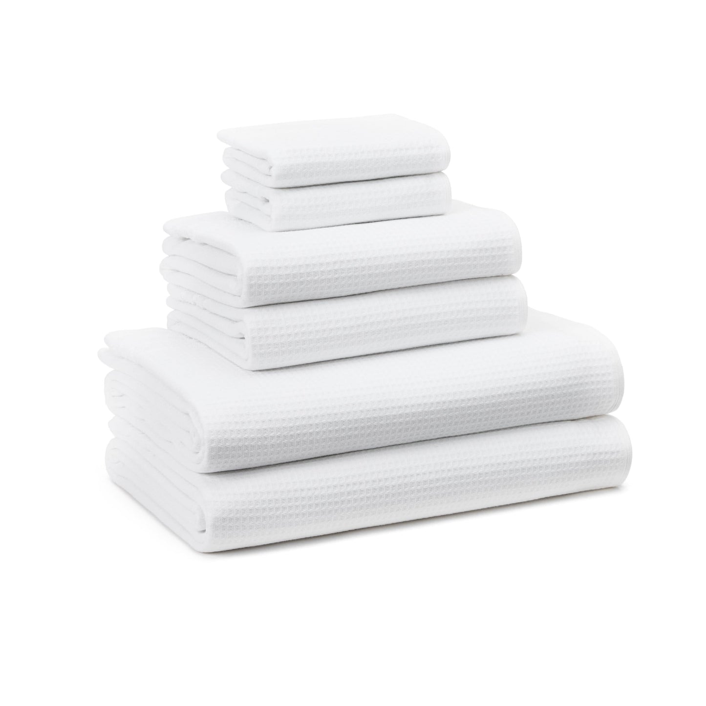 TOWN & COUNTRY BASICS 6-Piece Assorted Waffle Woven Terry Stripe Set, 2 Bath Towel, 2 Hand Towel, 2 Washcloth, 100% Cotton, Quick Dry, White