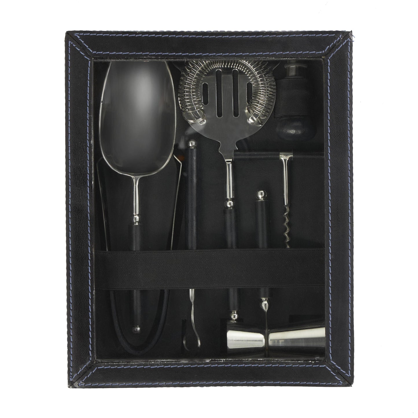 DecMode 9" x 3" Dark Blue Leather 7 Piece Bar Tool Set with Decorative Box, 1-Piece