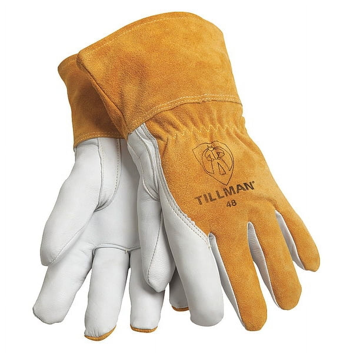 MIG Welding Gloves, Model 48M Top-Grain Goatskin Palm with Split Cowhide Back & Cuff, Small, Bourbon Brown/Pearl, 3½″ Shirred Cuff