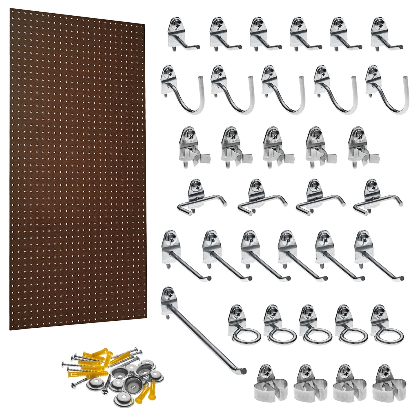 Triton Products Wall Ready Brown Pegboard Kit 24 In. W x 42 In. H x 1/4 In. D Heavy Duty Commercial Grade Tempered Round Hole Pegboards with 36 pc. Locking Hook Assortment