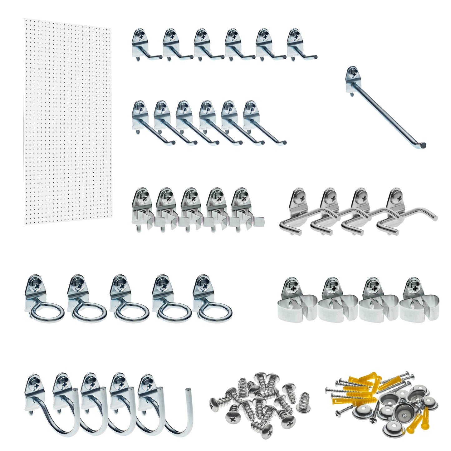 Triton Products® Wall Ready White Pegboard Kit 24 In. W x 42 In. H x 1/4 In. D Heavy Duty High Density Fiberboard Round Hole Pegboards with 36 pc. Locking Hook Assortment