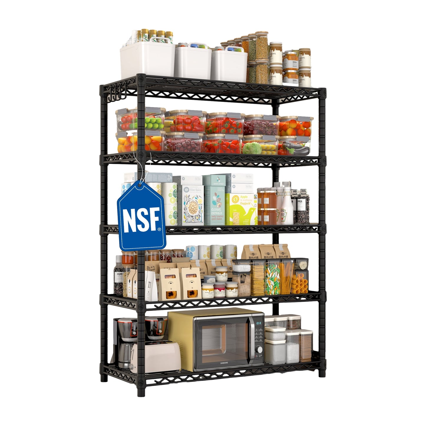 TrumanPick Estantes de Almacenamiento de Alambre de 5 Niveles 81"H x 48"W x 24"D Organizador de Despensa Estante de Metal Resistente, Estante de Alambre Ajustable con Ganchos, Unidad de EstanterÃa para Garaje de Cocina, Cromo