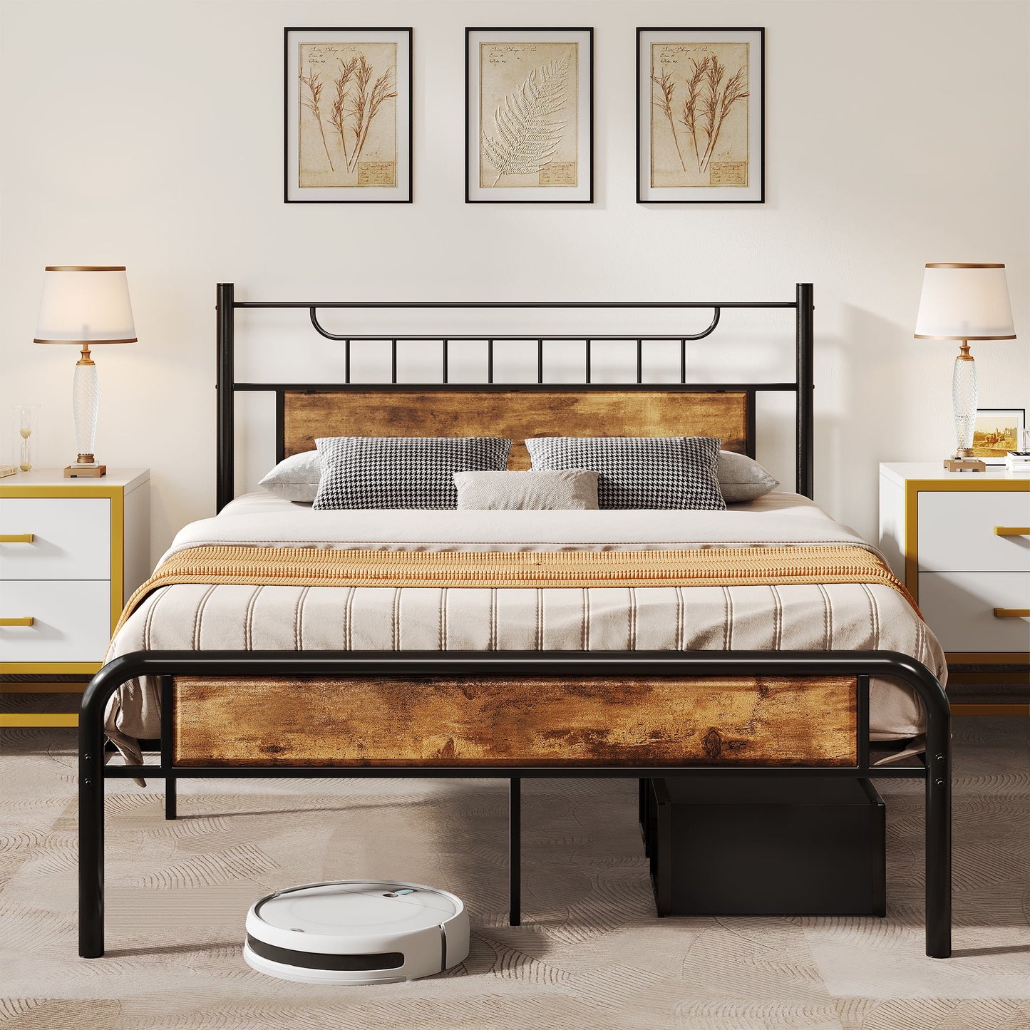 Uforic Farmhouse Queen Metal Platform Bed Frame with Headboard & Soundproof Cotton, Black