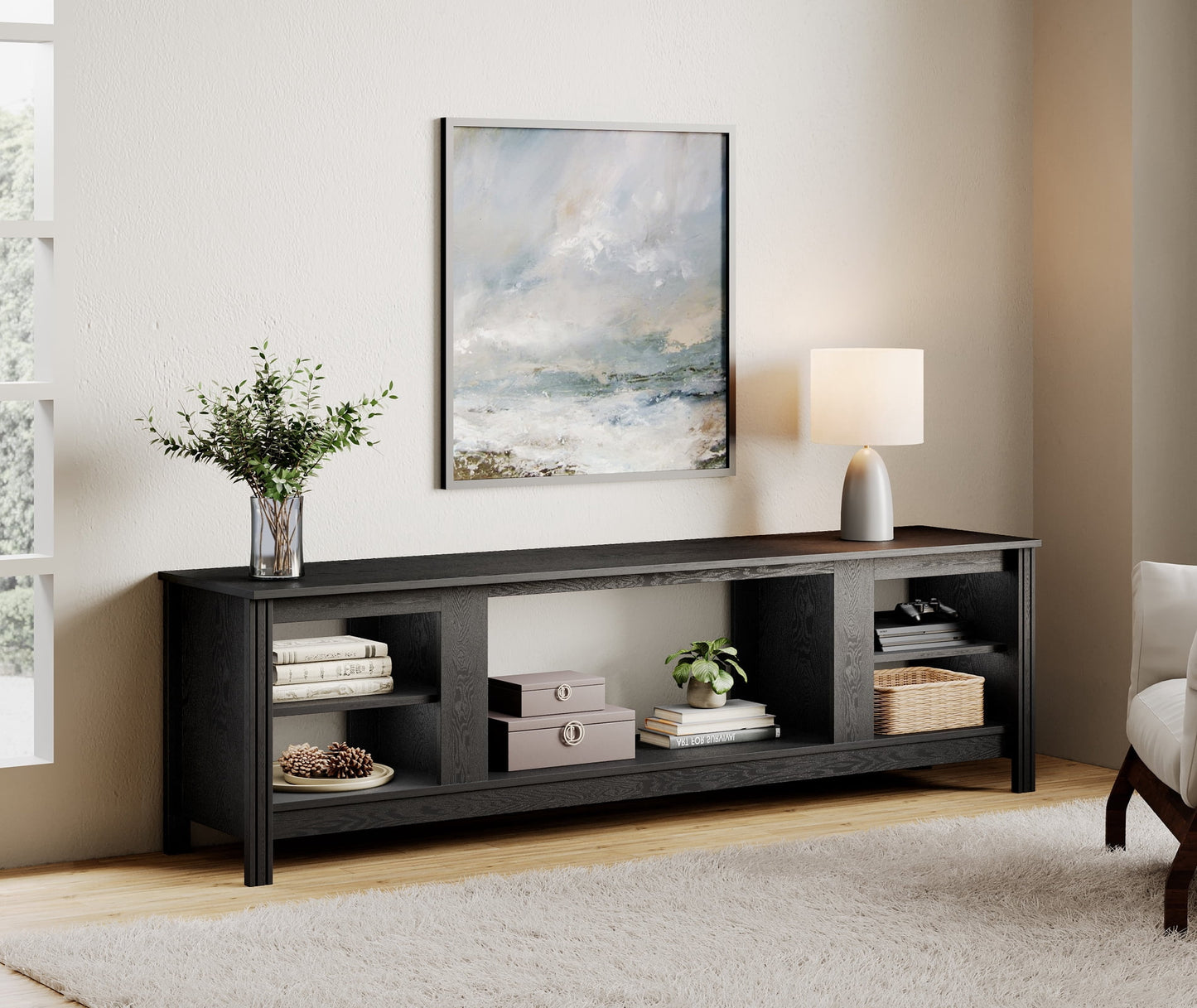 WAMPAT 70†Black Entertainment Center for 50-75 Inch TVs, Rustic TV Stand with Solid Wood Legs