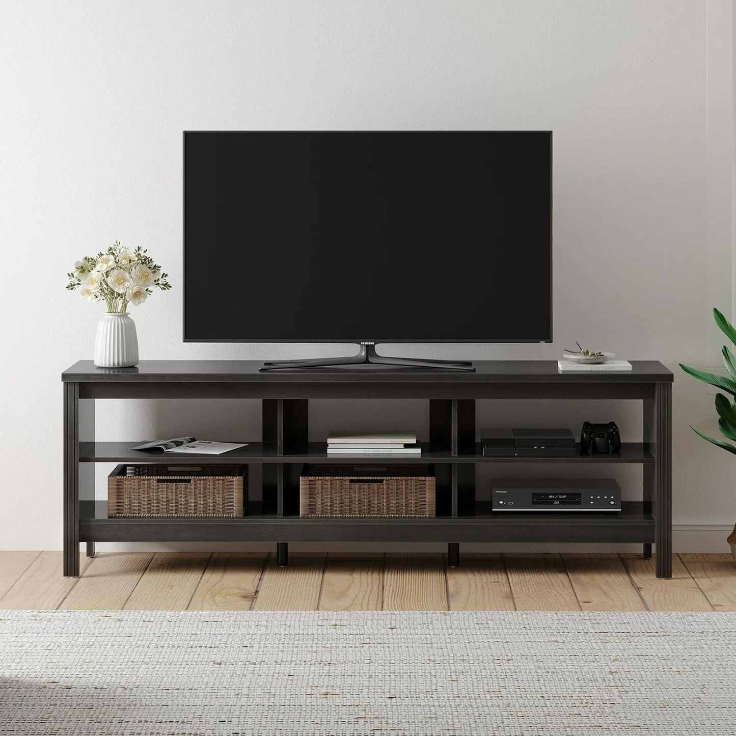 WAMPAT Black TV Stand for 75 Inch TV Entertainment Center, Wood TV Table with 3 Open Shelves for Living Room, 70 inch