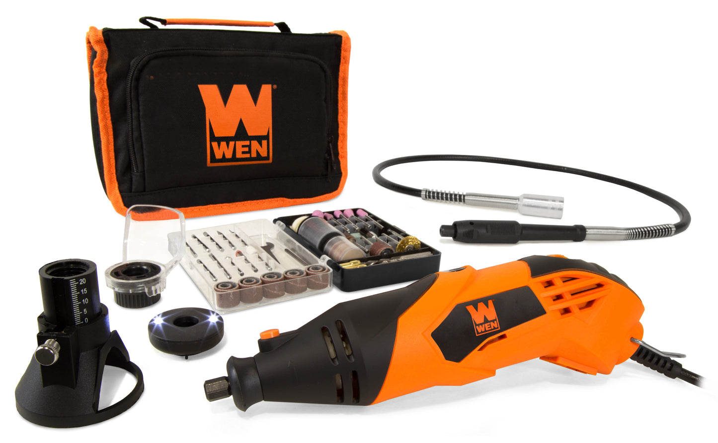 WEN 1.4-Amp Variable Speed Rotary Tool with Cutting Guide, LED Collar, 100+ Accessories, Carrying Case and Flex Shaft