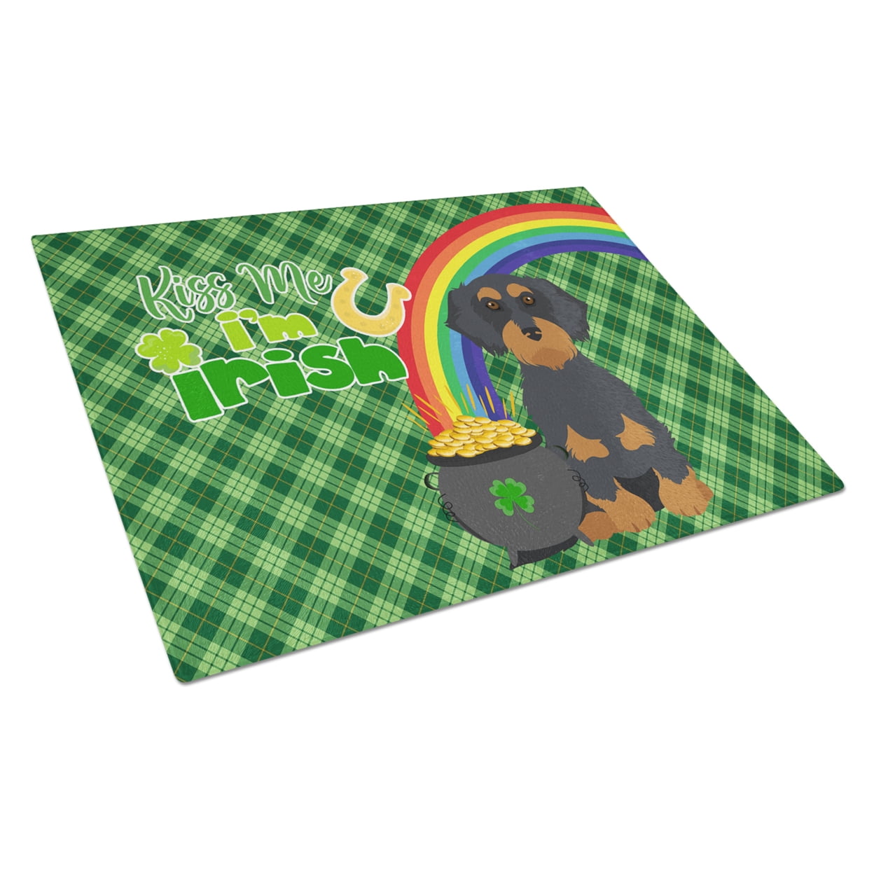 Wirehair Black and Tan Dachshund St. Patrick's Day Glass Cutting Board Large 12 in x 15 in