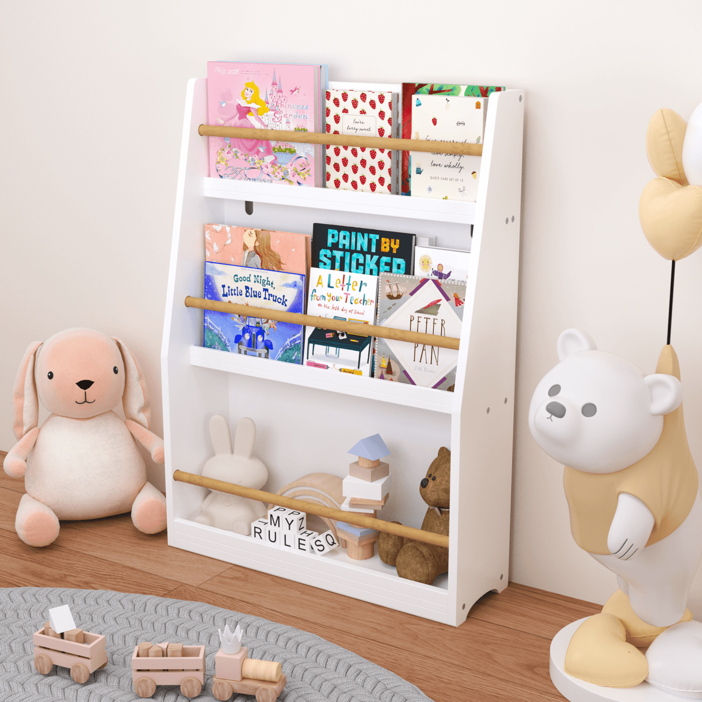 Yoneston Kids 3-Tier Bookcase with Wood Rails, Children's Standing Display Bookshelf for Playroom, Bedroom, Nursery, White