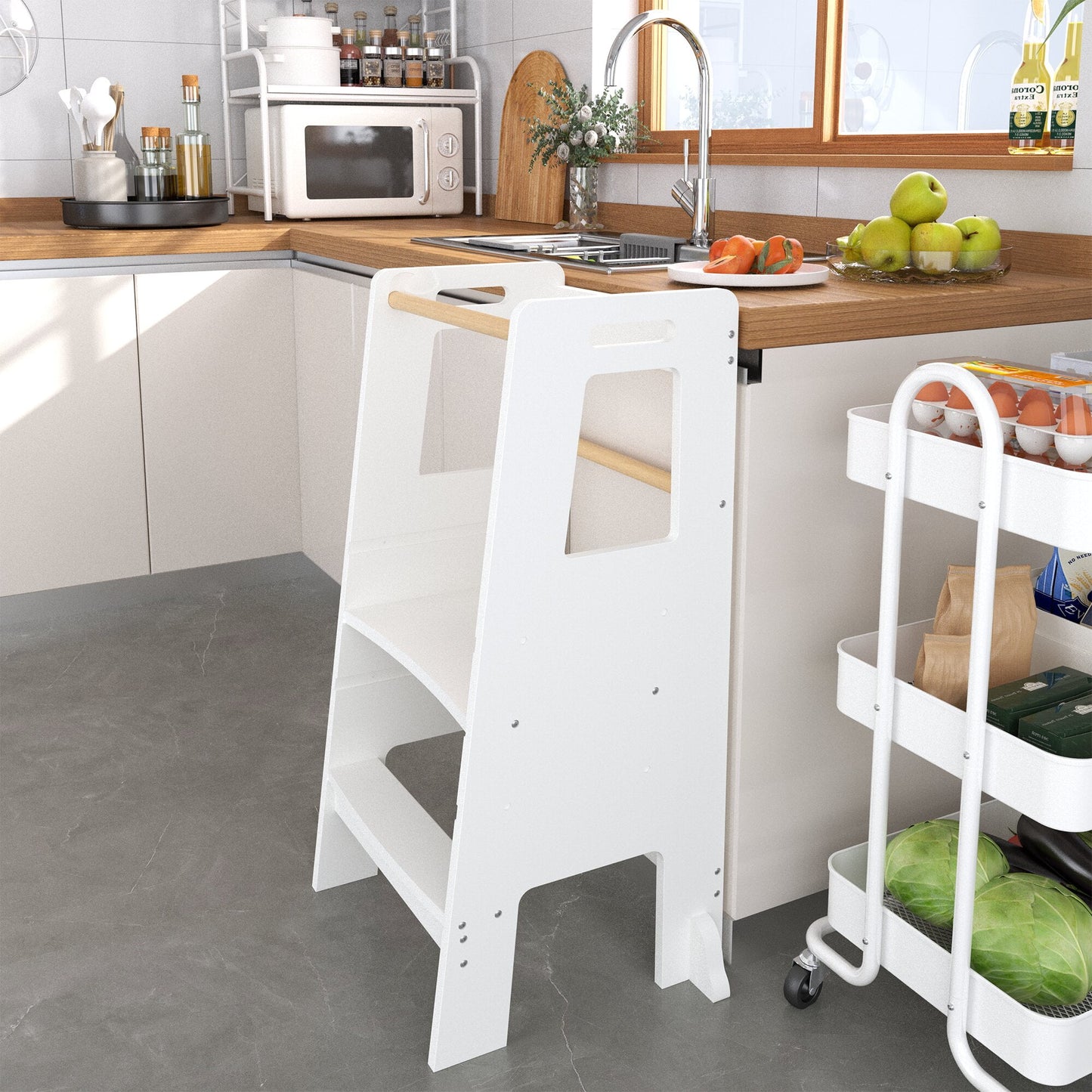 Yoneston Kithen Step Stool for Toddler, Adjustable Kids 2-Step Ladder with Safety Rail for Learning,White