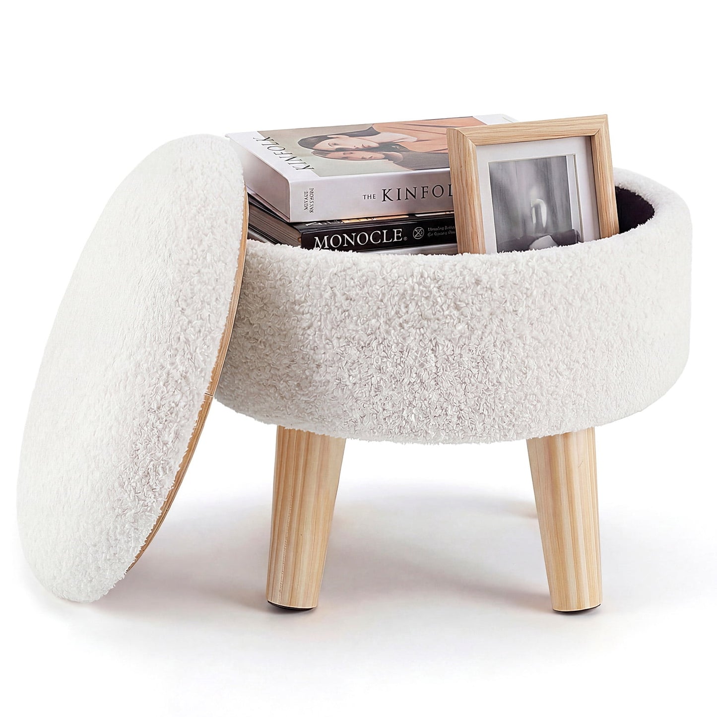 ZUNMOS Storage Ottoman - Modern Round Teddy Velvet Footrest with Soft Padded Seat, Wood Legs, Accent Small Table & Plant Stand for Hallway, Living Room, Beige