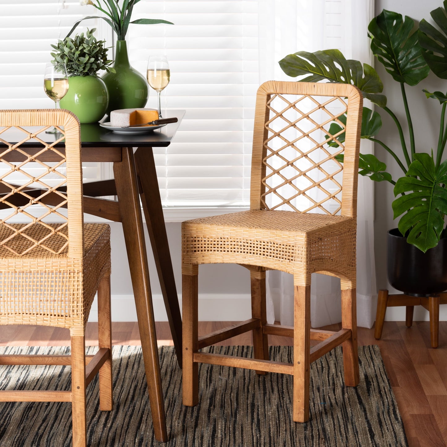 Baxton Studio Moscow Modern Bohemian Natural Brown Rattan and Walnut Brown Finished Wood Counter Stool