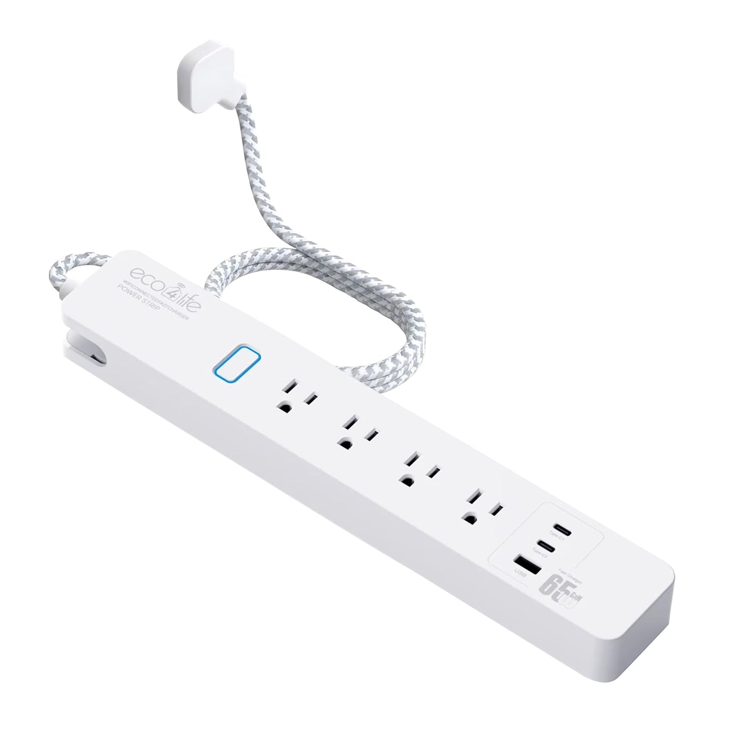 eco4life Smart Wi-Fi Surge Protector Power Strip with 65-Watt GaN Fast Charging, 4 AC Outlets, 2 USB-C Ports, and 1 USB-A Port, 6-Ft. Cord, C380N