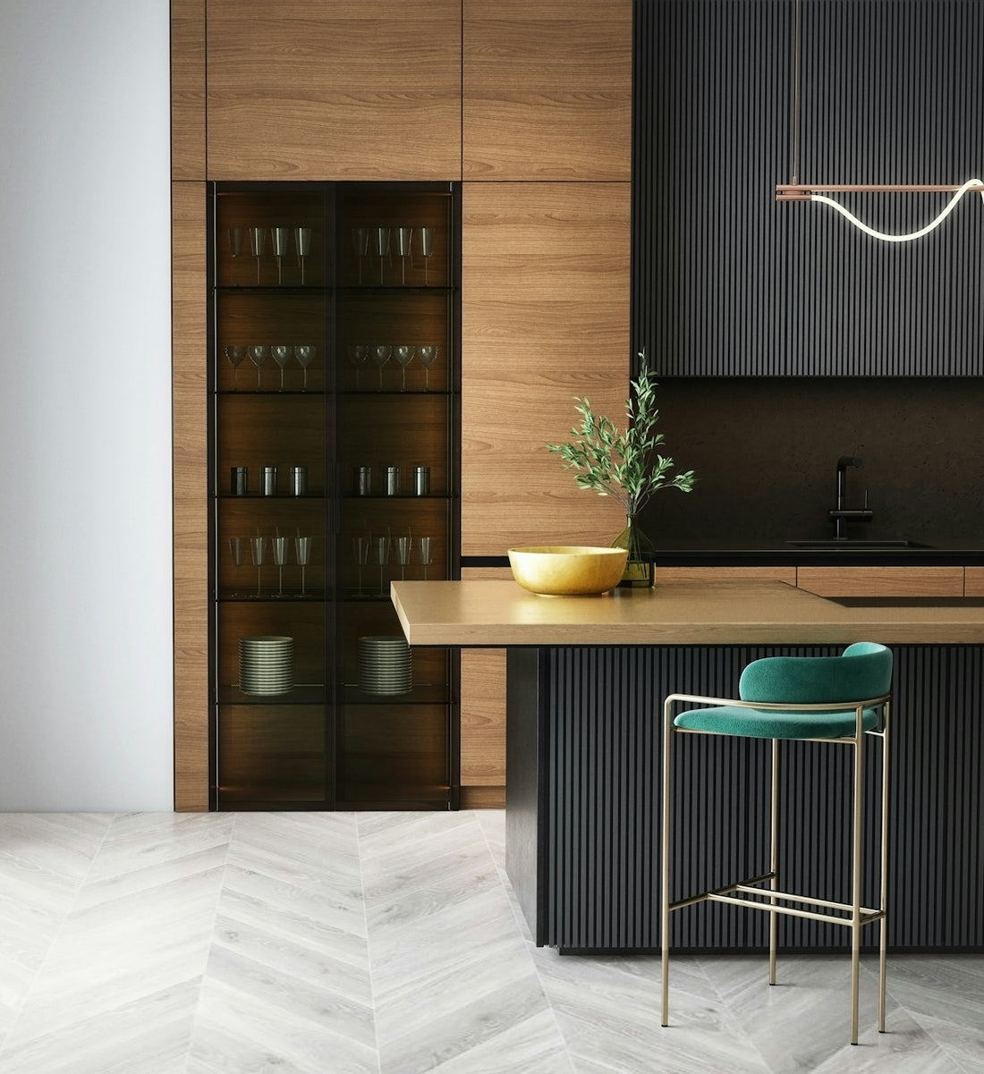 modern kitchen with wood cabinet teal stool