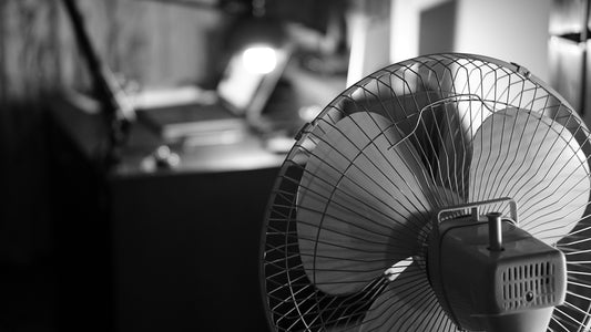 a black and white photo of a fan
