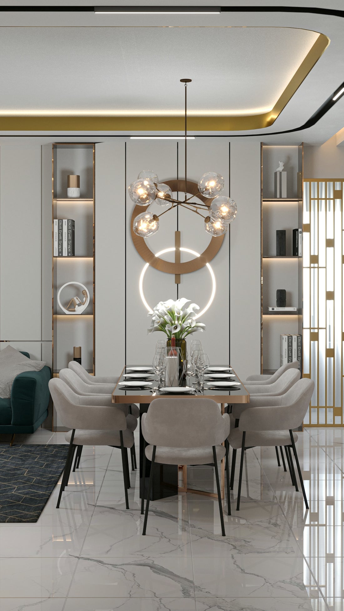 a dining room with a table and chairs