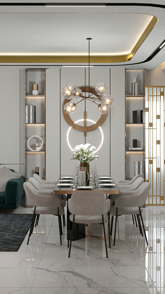 a dining room with a table and chairs