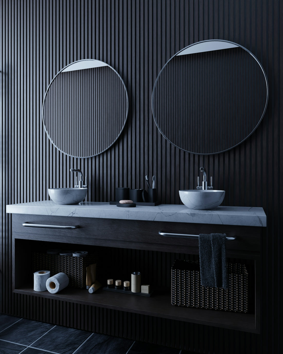 Modern bathroom vanity with two sinks and mirrors