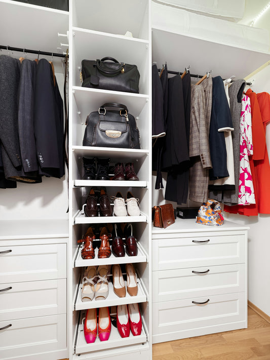 A closet with a lot of shoes and handbags