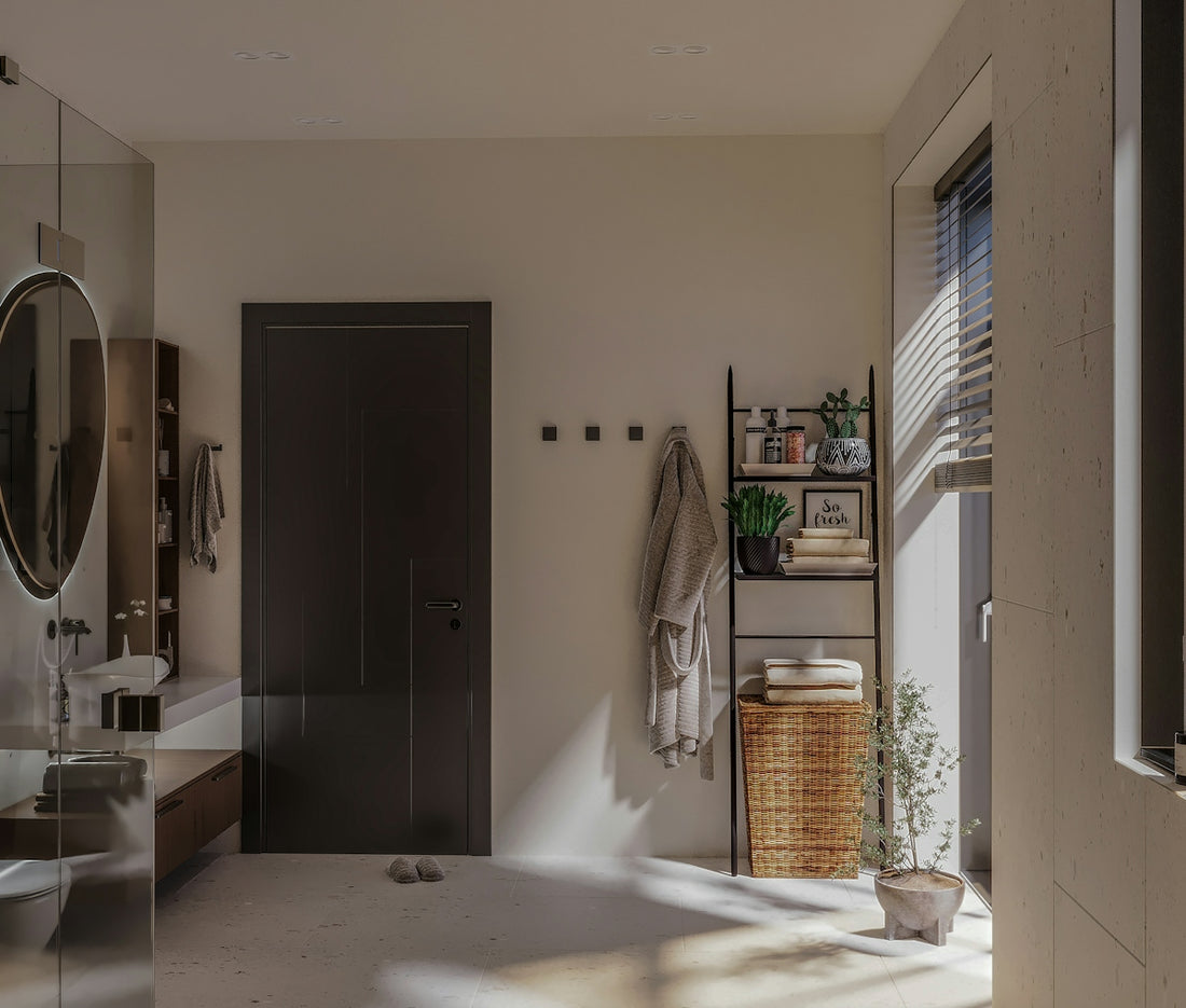 A bathroom with a large mirror and a sink