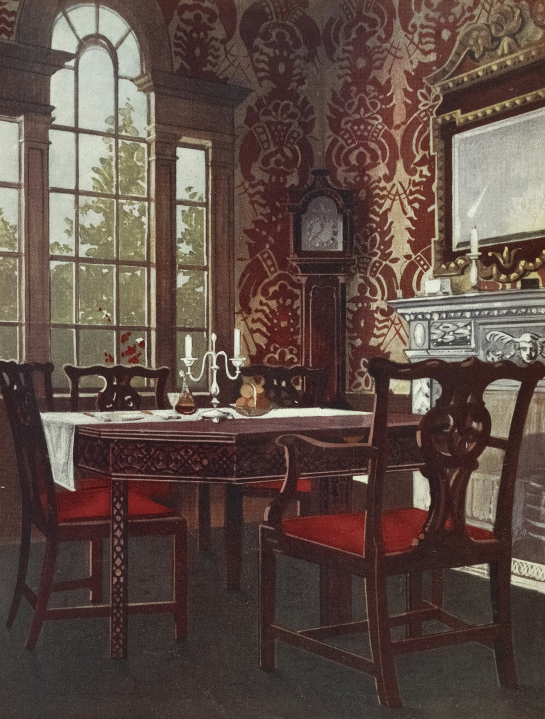 Elegant dining room with antique furniture and wallpaper.