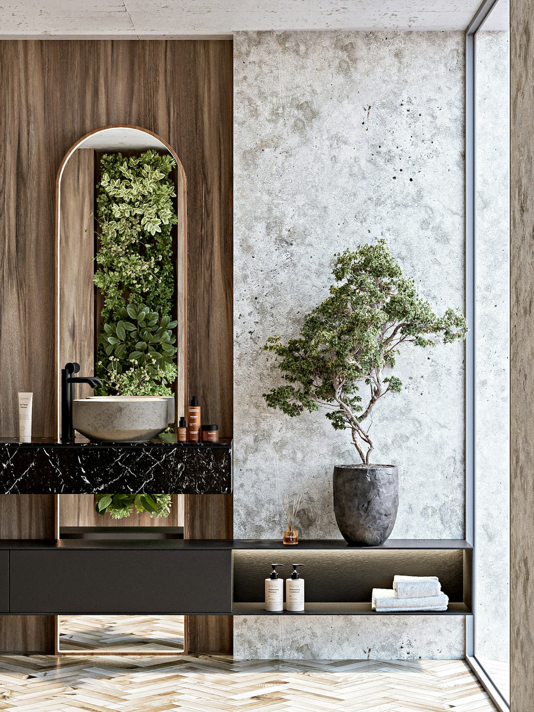 Elegant, modern bathroom with natural accents and plants