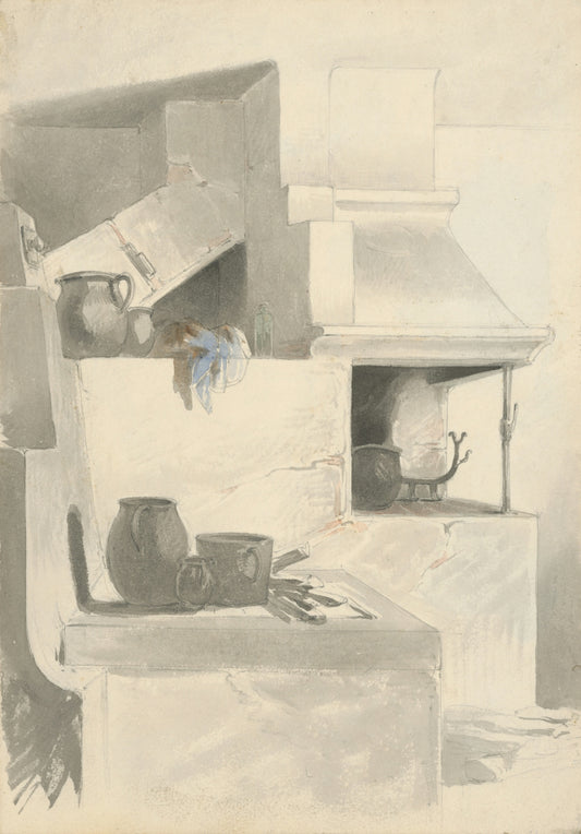 Still life of pottery and kitchenware on a stove.