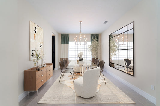 A bright and modern dining room interior.