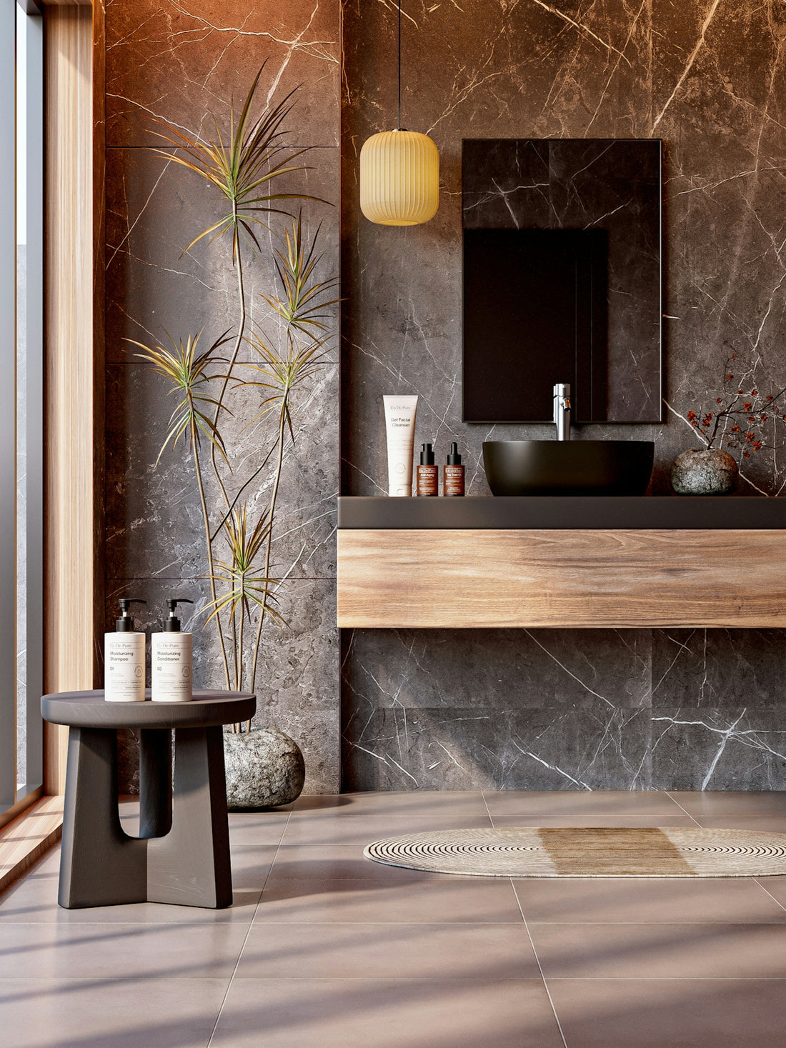 Elegant bathroom with marble walls and natural elements.