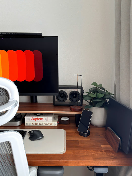 A modern desk setup with a computer and plant.