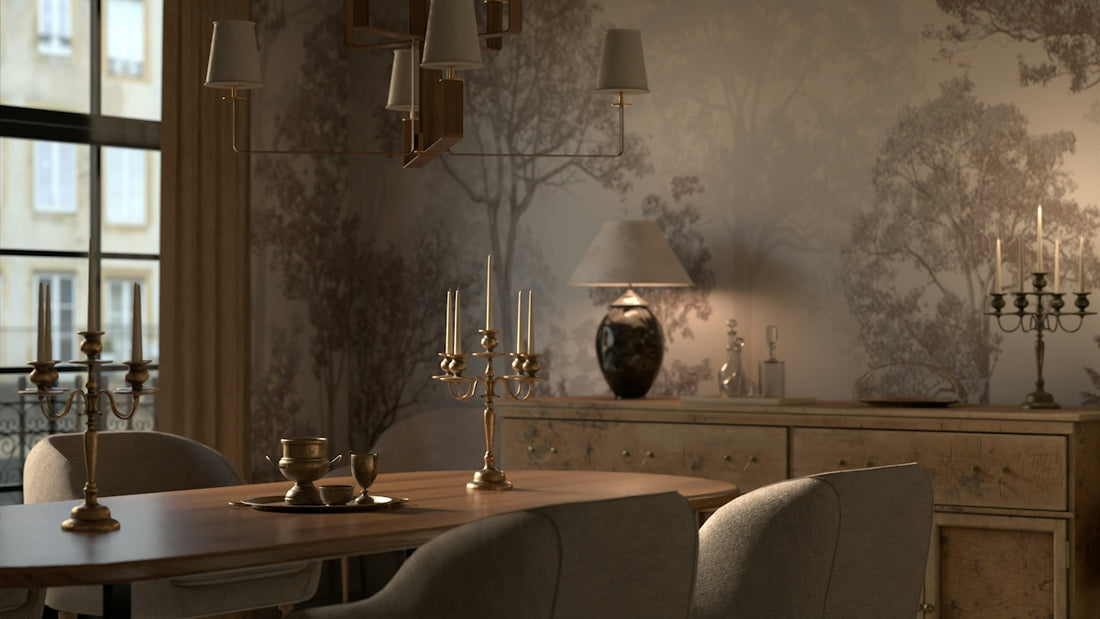 Elegant dining room with ornate candelabra and wallpaper