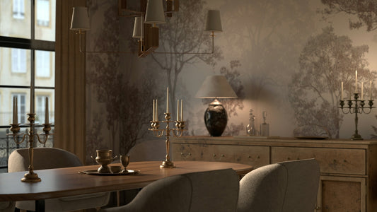 Elegant dining room with ornate candelabra and wallpaper