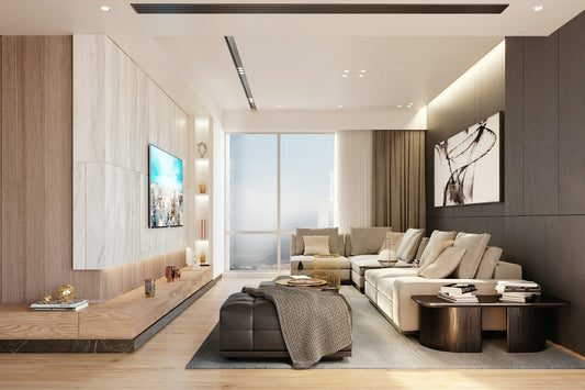 Modern living room with sectional sofa and large window
