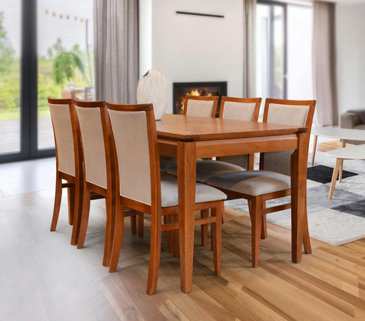 Wooden dining table with six upholstered chairs