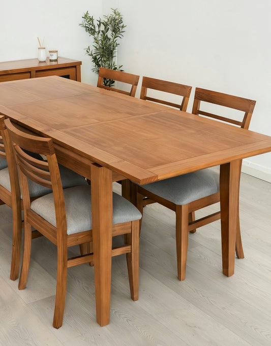 Wooden dining table with six upholstered chairs