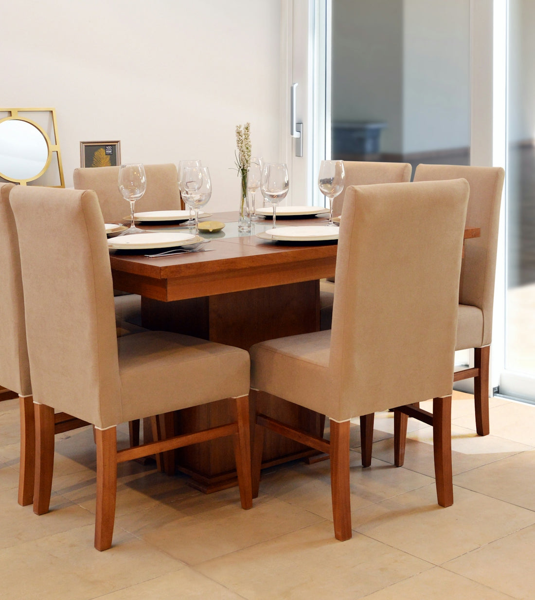 Dining table set with chairs and place settings