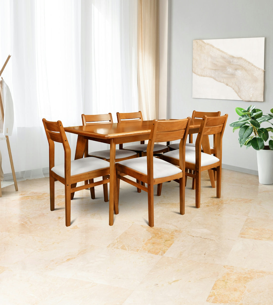 Wooden dining table with six chairs in a bright room