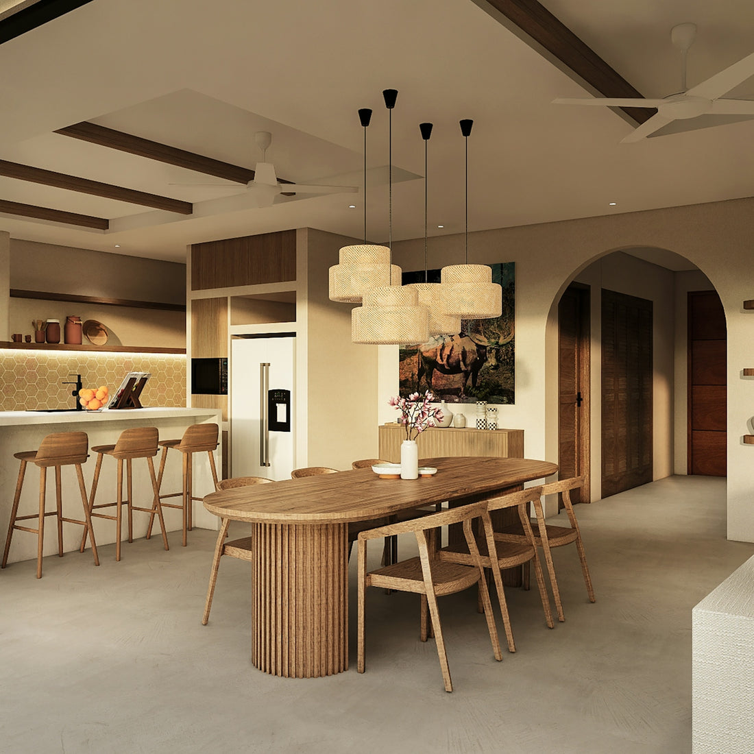 Modern dining room and kitchen with wooden furniture.