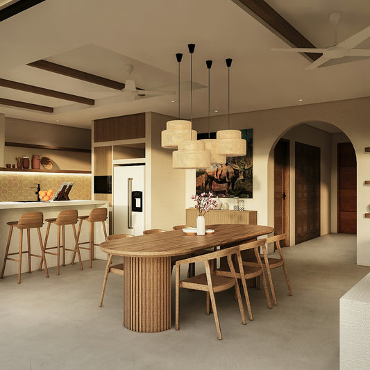 Modern dining room and kitchen with wooden furniture.